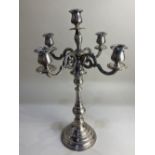 A silver plated five light candelabrum on baluster stem and circular base, (a/f)