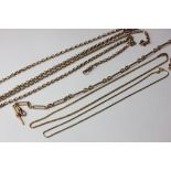 An 18ct gold box link neck chain; a 15ct gold fetter link watch chain; two 9ct gold oval link part
