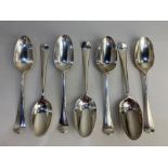 A matched set of seven George II silver Hanoverian tablespoons, four by Edward Bennett I, London
