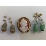 A 9ct gold mounted shell cameo brooch, together with two pairs of jade drop earrings