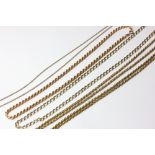 Four various 9ct gold neck chains 39g, and a gilt metal chain