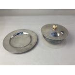 An American sterling silver covered bowl and plate, maker G&JH, the bowl and cover with hammered