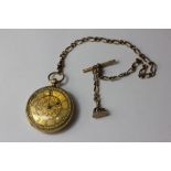 An 18ct three colour gold cased open face pocket watch with engraved dial; on a 9ct gold chain 12g