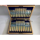 A cased set of twelve silver plated fish knives and forks, with white handles (a/f), together with a
