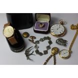 A gold plated open face pocket watch by Harrison; three other gilt watches; a single 9ct gold cuff
