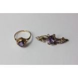 A 9ct gold and amethyst ring and an amethyst and pearl bar brooch