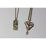 A 9ct gold pendant set with two amethysts, on a 9ct gold neckchain with lobster claw clasp; a 9ct