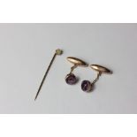 A pair of amethyst and 9ct gold cufflinks and an opal stick pin