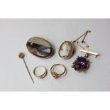 Three various brooches; a stick pin; two gem set rings