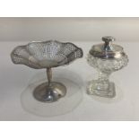 A silver pedestal sweets dish, marks worn, together with a silver lidded and mounted cut glass