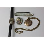 A lady's 9ct gold wrist watch; gilt locket; paste Jubilee brooch; pen knife, a 9ct gold chain