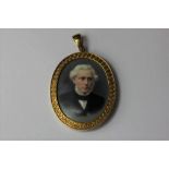 A 19th century oval portrait miniature of a gentleman in yellow metal frame (a/f)