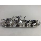 An Elizabeth II silver miniature four piece tea and coffee set on tray, maker A Chick & Sons Ltd,