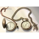 A silver open face watch on a silver curb link chain; a silver hunter cased pocket watch by J W