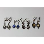 Four pairs of drop earrings, various gems and metals