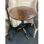 A George III circular tilt top table on bluster tripod base, (a/f) 50cm, and a 19th century bidet