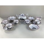 A Victorian pearl ware tea set, decorated with various scenes of classical figures and purple lustre