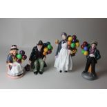 Four Royal Doulton figures; Biddy Penny Farthing HN 1843, The Balloon Man HN 1954, Balloon Boy HN