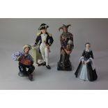Four Royal Doulton figurines; 'The Jester', 24.5cm high, 'The Captain', 25cm high, 'Jolly Sailor',