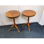 Two similar reproduction yew wood occasional tables, both with circular top with moulded edge,