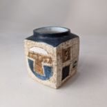 A Troika pottery vase, of square form, with impressed and painted decoration in blue, black and