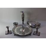A silver plated circular serving tray with beaded and pierced border, 36cm, an oval tureen and