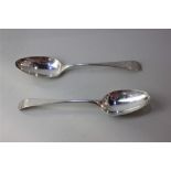 A pair of George III Newcastle Old English pattern silver table spoons with engraved initials, maker
