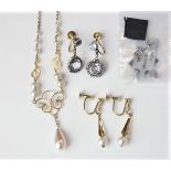 Two pairs of 9ct gold drop earrings, a pair of silver gem set studs and a faux pearl necklace