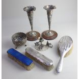 Two George V silver backed dressing table brushes Birmingham 1932, a pair of Indian embossed white