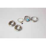 A pair of 9K two coloured ear hoops, two silver rings one set with a turquoise stone and a 9ct