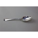 A Queen Anne silver Hanoverian pattern spoon with rat tail bowl and initials, makers marks rubbed,