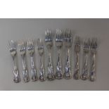 Seven Victorian silver Kings pattern dessert forks maker William Eaton London 1839, Two William IV