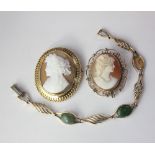 A 9ct gold and jade bracelet (one stone missing) a 9ct gold framed cameo brooch and another yellow