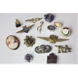 A cameo brooch with yellow metal frame, a gilt metal bloodstone seal, two bar brooches, small silver