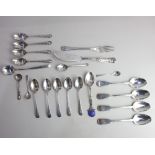 Three Victorian and a single George VI silver Fiddle pattern teaspoons, five George V silver