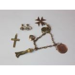 A 9ct gold crucifix pendant a pair of gold and hardstone earrings with screw backs marked 14K and