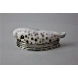 A white metal mounted shell snuff box with hinged lid engraved Thos.Hardy RN 9cm