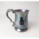 A modern silver tankard baluster shape with scroll handle, engraved initials and date, maker Viners,