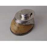 An Edward VII Irish silver mounted horse hoof inkwell with presentation inscription Capt JW Darley