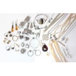 A selection of silver jewellery to include brooches, bracelet, beaded neclaces dress rings and other