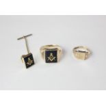A gentleman's 9ct gold signet ring; a 9ct gold Masonic signet ring; and a gilt stud