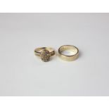 A 9ct gold wedding band and a seed and split pearl ring