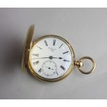An 18ct gold full hunter pocket watch key wind with Roman numerals and dial marked R Peardon, cased