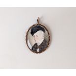 A late 18th / 19th century miniature portrait of a gentleman wearing a black hat, oval, 4.2cm by 3.
