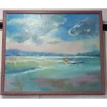 Deidre E Sharp, view of boats, with distant hills, oil on canvas, signed and dated 99, 50cm by 60cm