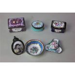 Four various enamel boxes including an oval patch pot, another patch pot in the form of a hat, small