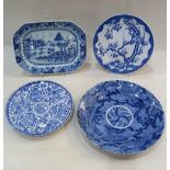 A Chinese blue and white porcelain hexagonal shaped platter, decorated with figures boating in a