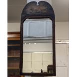 A 19th century rectangular wall mirror, with painted pediment decorated with two ducks, 76cm by 36cm