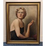 20th century school, portrait of a lady smoking, with blonde hair, wearing a black dress, oil on