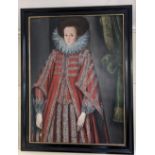 17th century English School, portrait of a young woman aged 19, three quarter length, wearing a